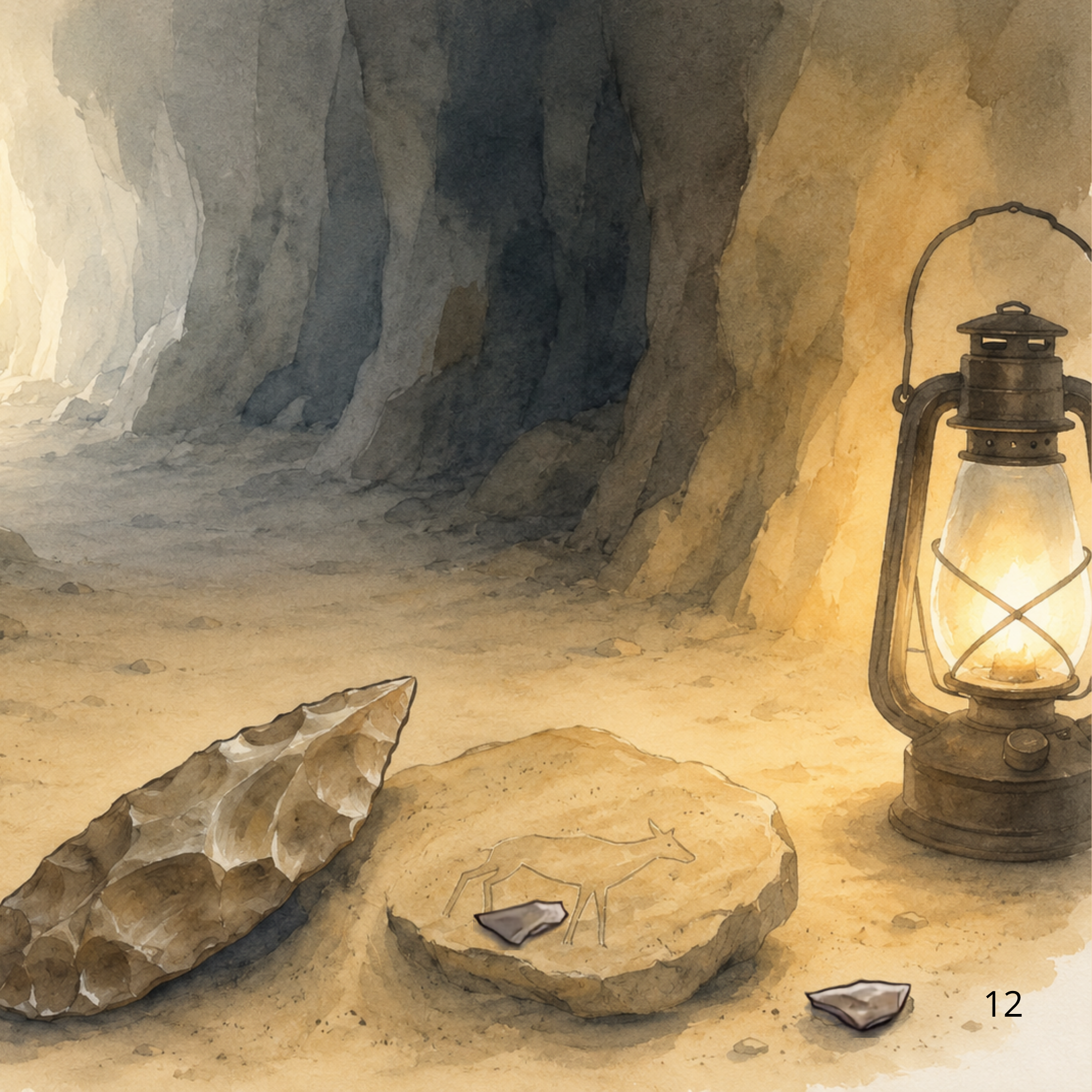 Lámpara iluminando objetos prehistóricos dentro de una cueva