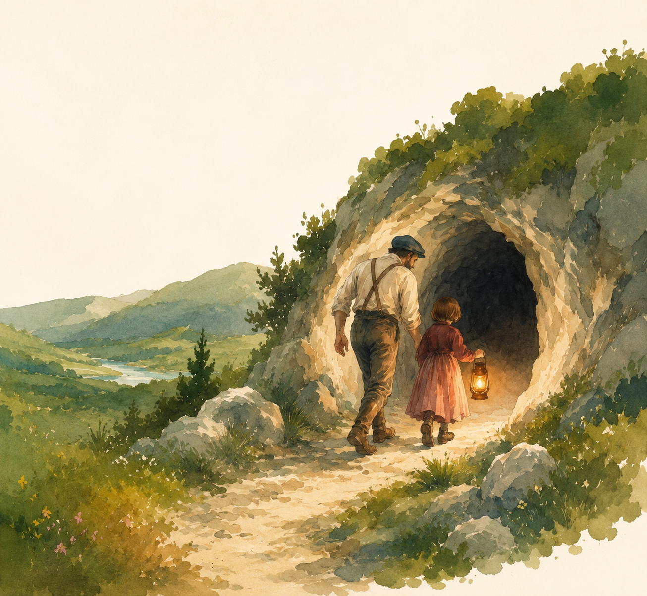 Hombre y niña entrando en una cueva con una lámpara