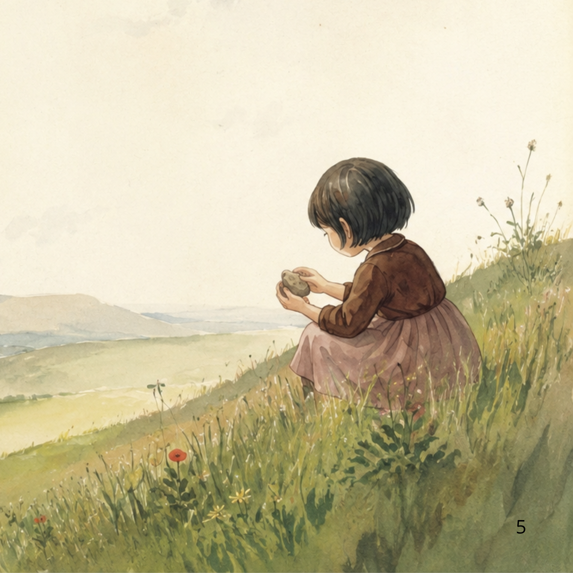 Niña junto a una piedra en un prado junto al río